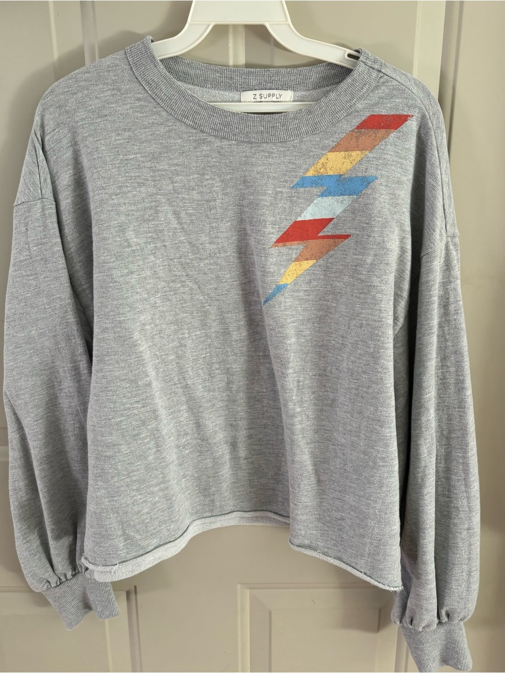 Z Supply Gray Crewneck Sweater with Retro Lightning Stripe